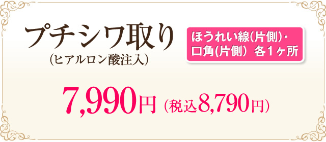 プチシワ取り（ヒアルロン酸注入）[ほうれい線（片側）・口角(片側）各1ヶ所] トライアル 500円（税抜）